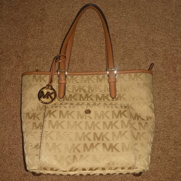 Michael Kors Tan MK Logo Canvas Shoulder Bag W/Brown Leather Trim - Medium Sized - Picture 1 of 15